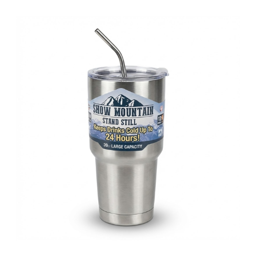 Copo Térmico Magic Mountain em Aço Inoxidável com Camada Dupla e Canudo - 990ml