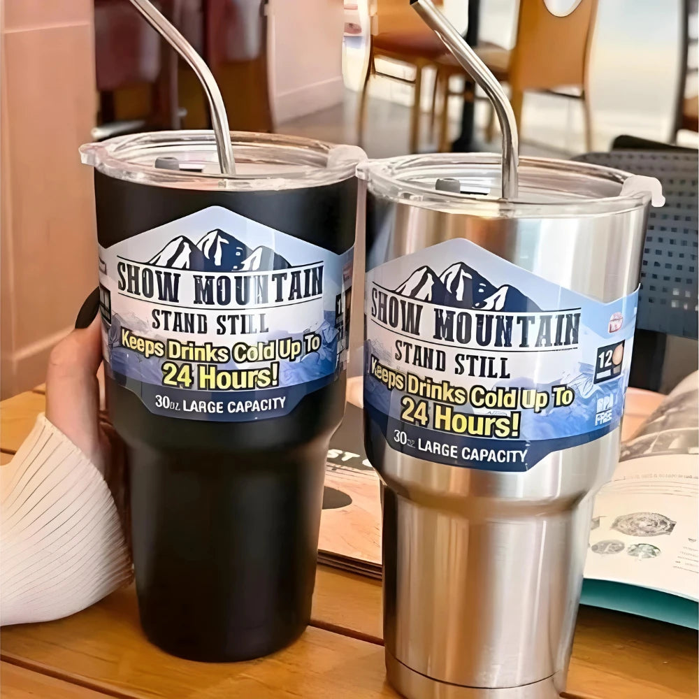 Copo Térmico Magic Mountain em Aço Inoxidável com Camada Dupla e Canudo - 990ml