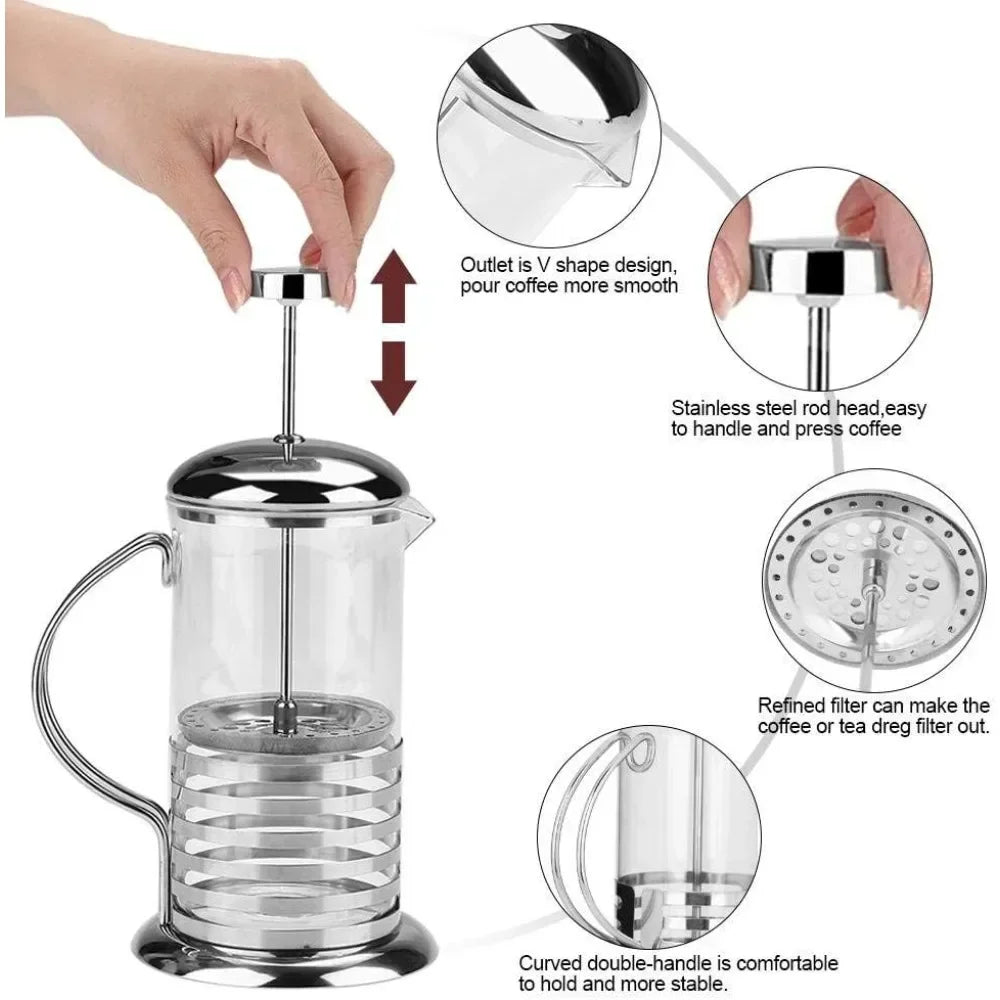 Portable French Press Coffee Maker Stainless Steel Coffee Percolator Durable Heat Resistant Glass For Kitchen Travel Camping