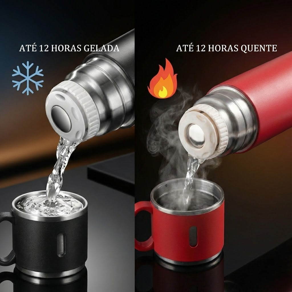 Kit Garrafa Térmica em Inox à Vácuo com Xícara para Bebidas Quentes ou Frias - 500ml