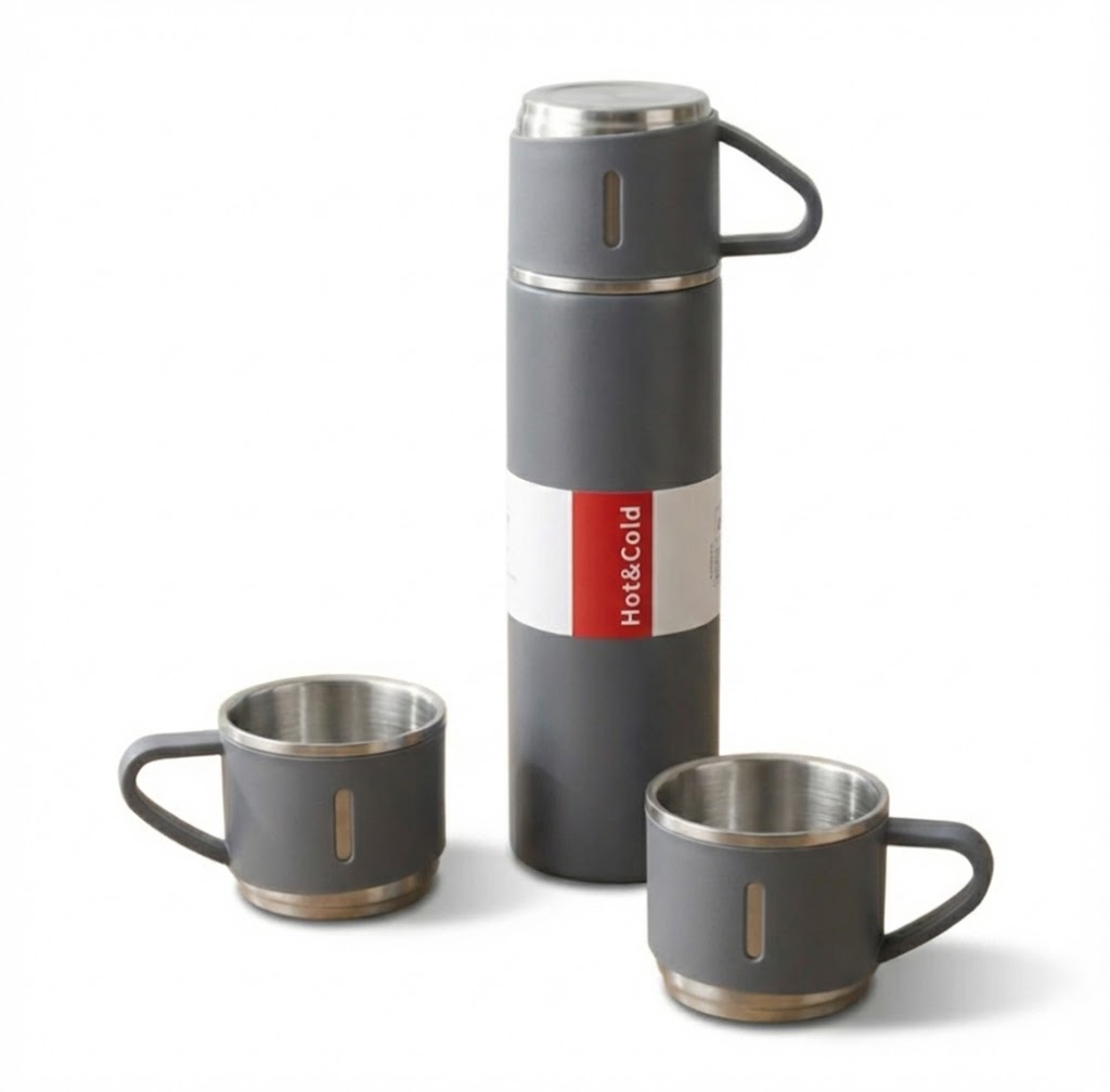 Kit Garrafa Térmica em Inox à Vácuo com Xícara para Bebidas Quentes ou Frias - 500ml