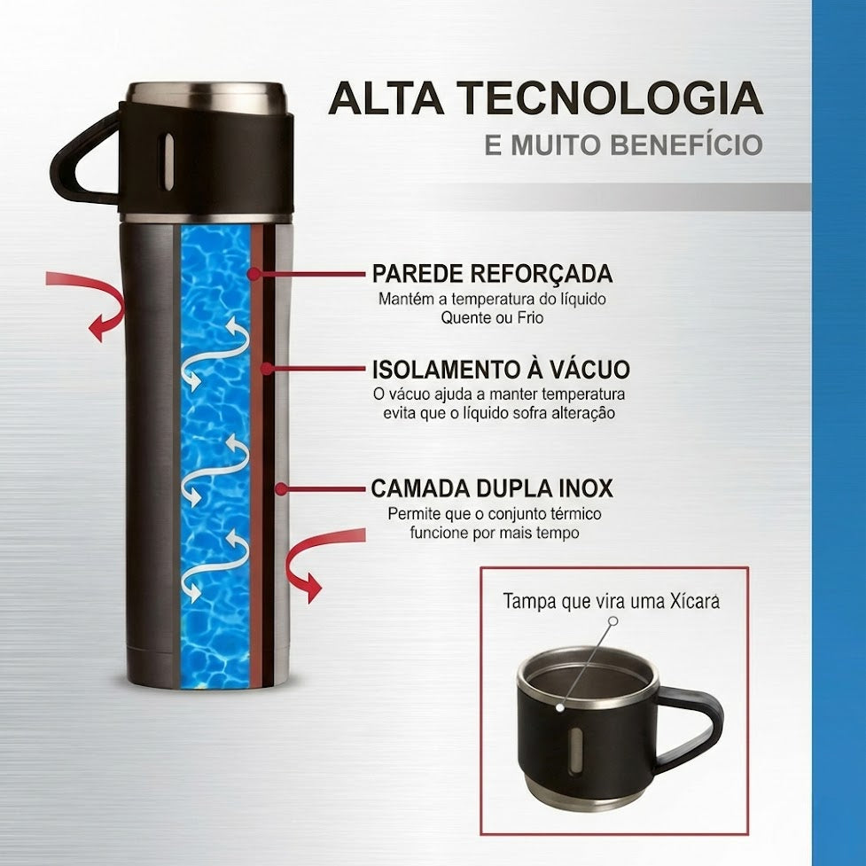 Kit Garrafa Térmica em Inox à Vácuo com Xícara para Bebidas Quentes ou Frias - 500ml