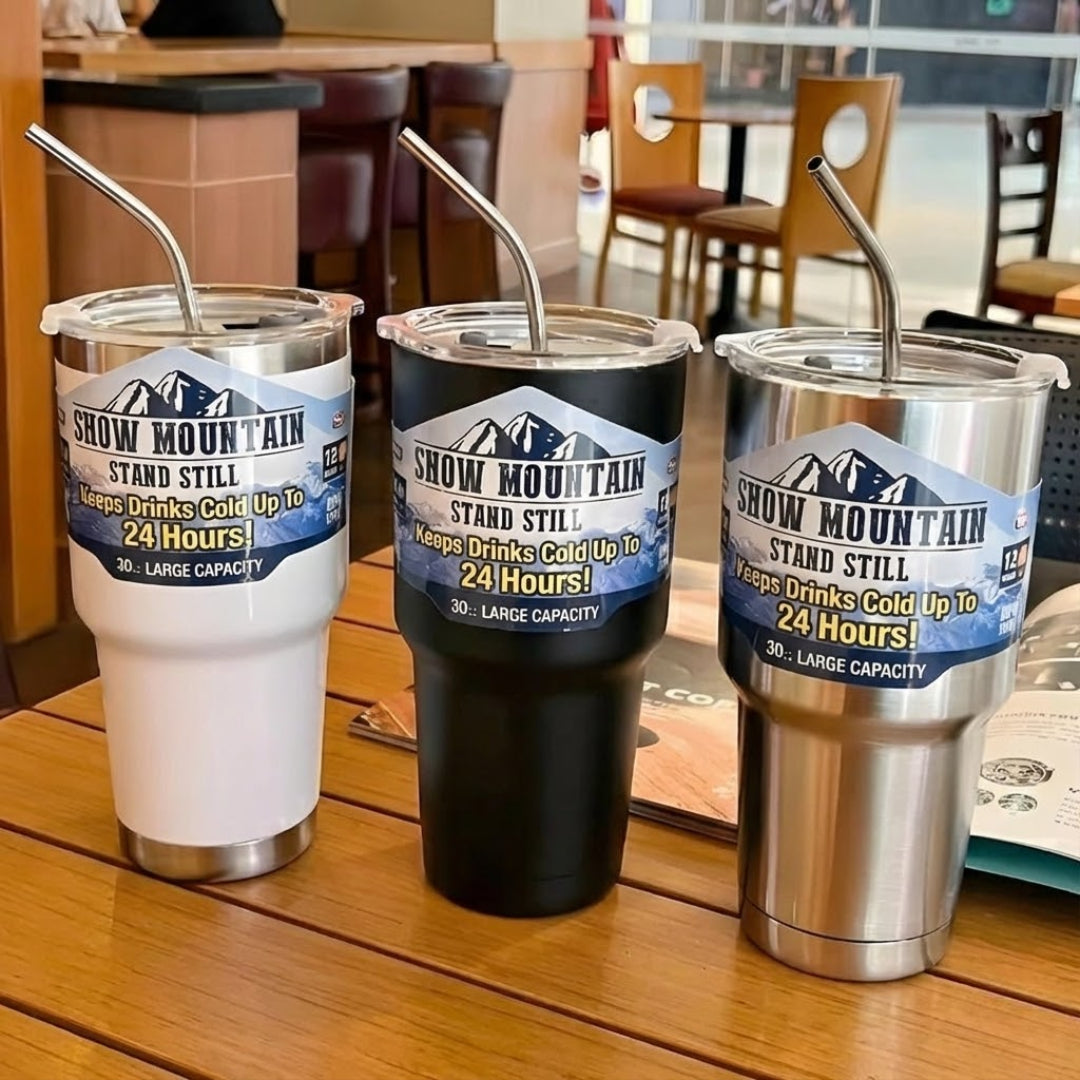 Copo Térmico Magic Mountain em Aço Inoxidável com Camada Dupla e Canudo - 990ml