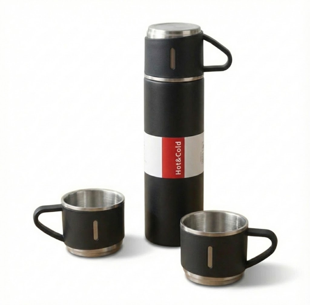 Kit Garrafa Térmica em Inox à Vácuo com Xícara para Bebidas Quentes ou Frias - 500ml