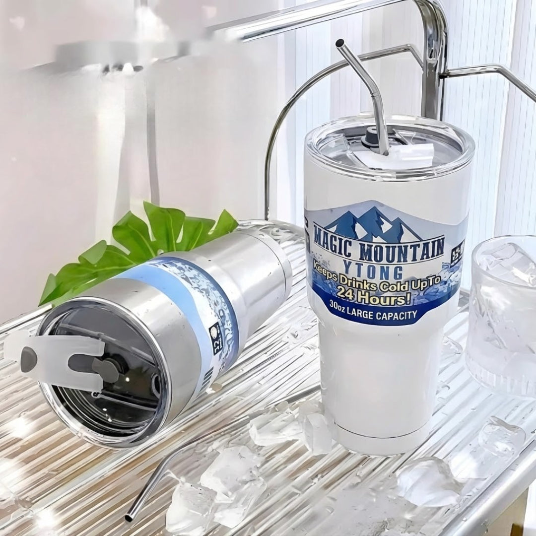 Copo Térmico Magic Mountain em Aço Inoxidável com Camada Dupla e Canudo - 990ml