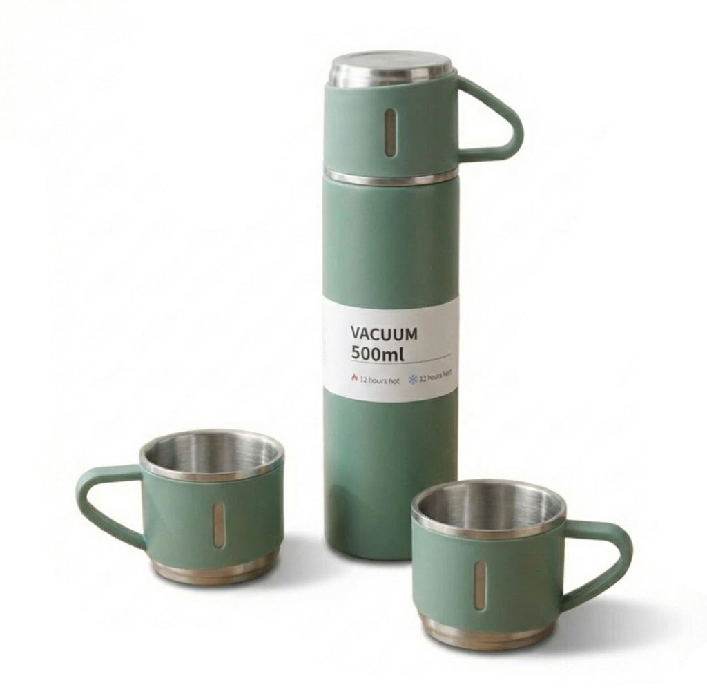 Kit Garrafa Térmica em Inox à Vácuo com Xícara para Bebidas Quentes ou Frias - 500ml