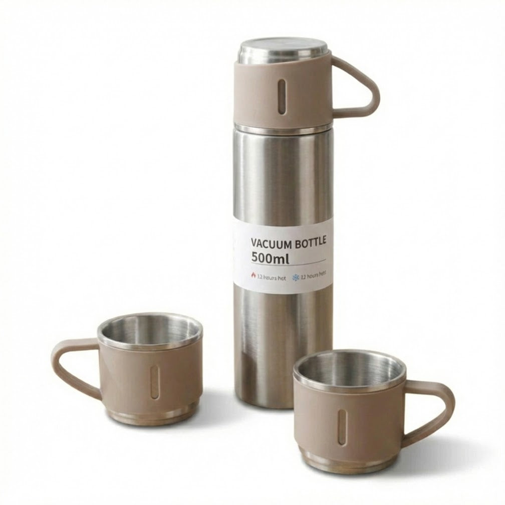 Kit Garrafa Térmica em Inox à Vácuo com Xícara para Bebidas Quentes ou Frias - 500ml