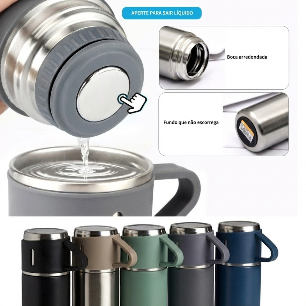 Kit Garrafa Térmica em Inox à Vácuo com Xícara para Bebidas Quentes ou Frias - 500ml